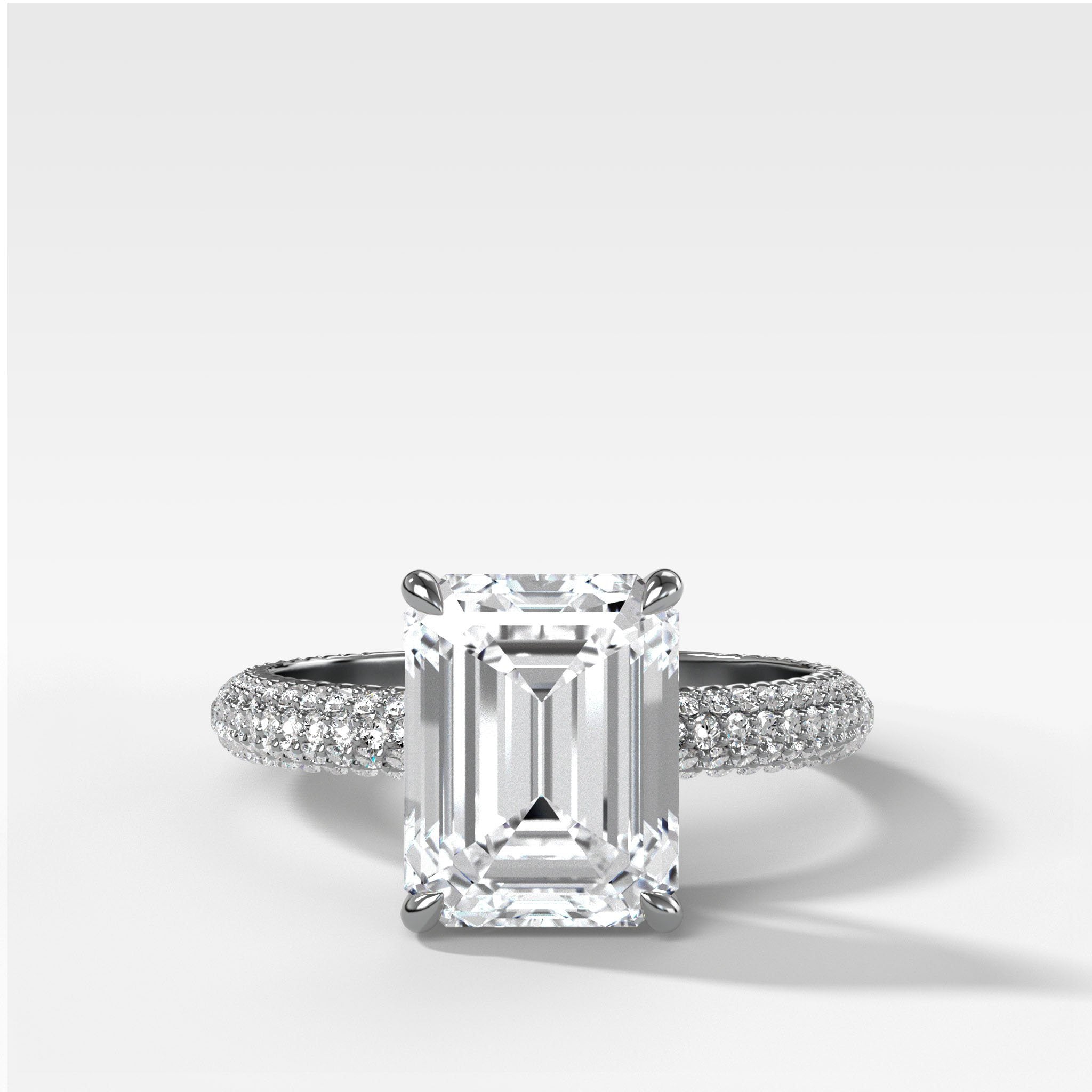 Triple Row Pavé Engagement Ring With Emerald Cut Diamond