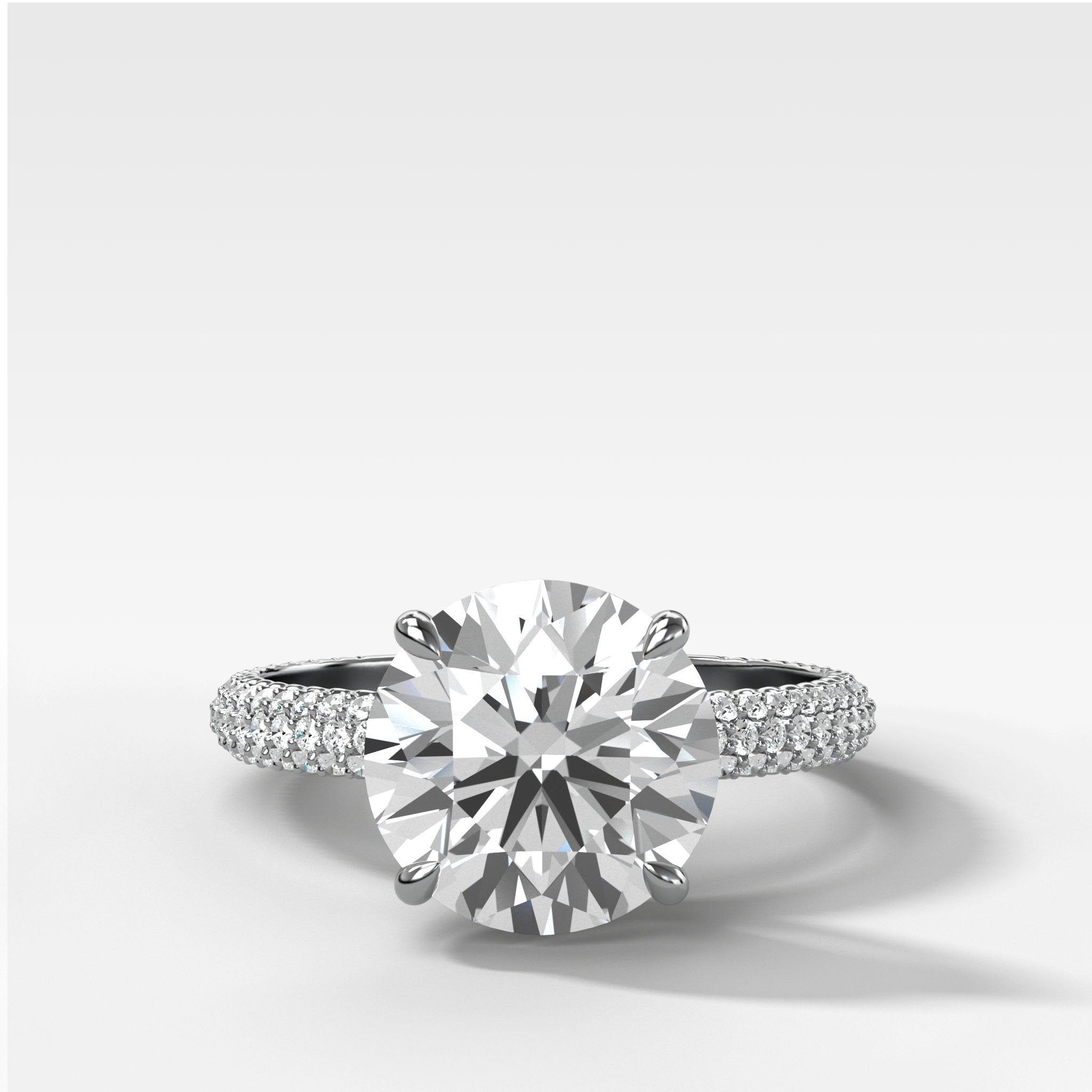 Triple Row Pavé Engagement Ring With Round Cut Diamond