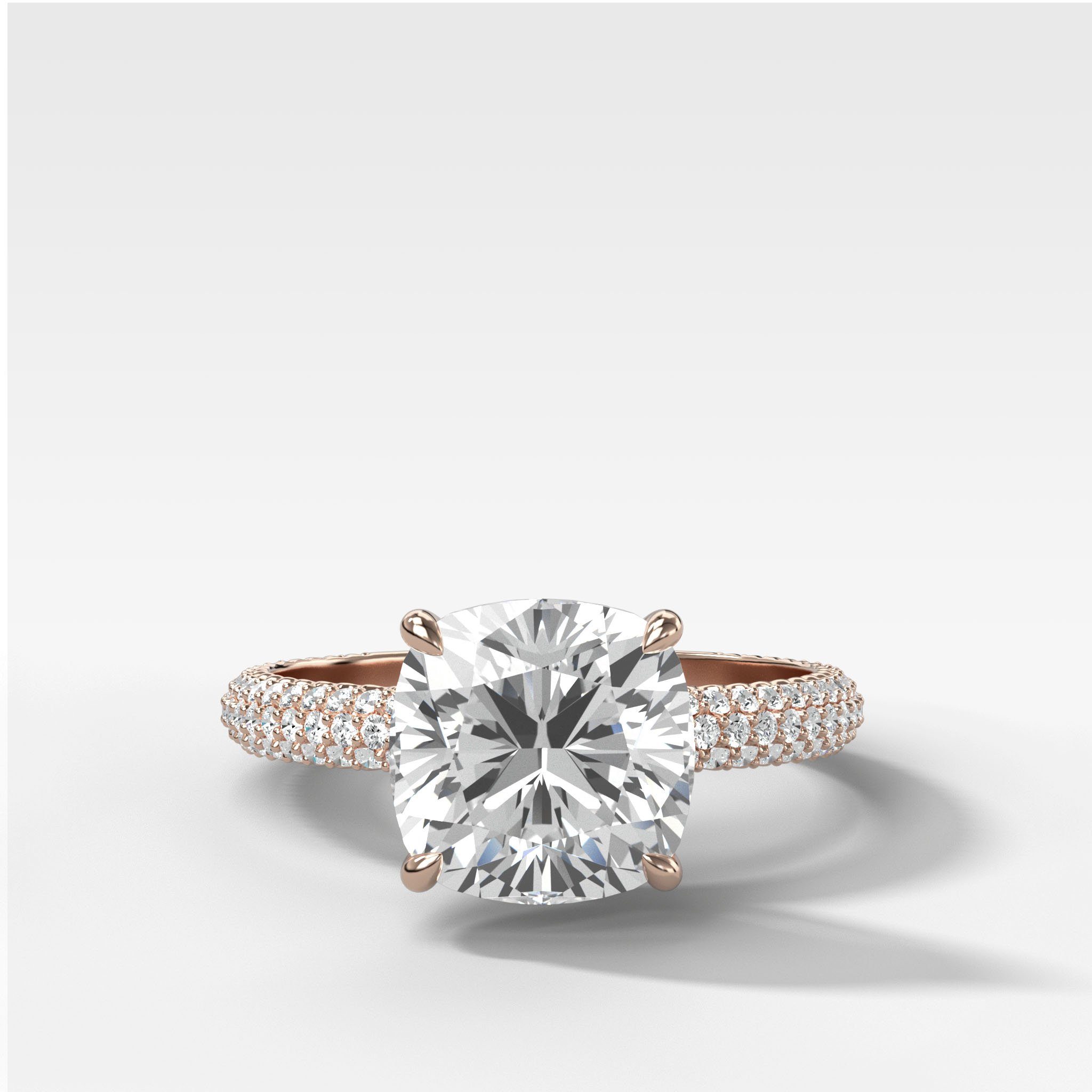 Triple Row Pavé Engagement Ring With Cushion Cut Diamond
