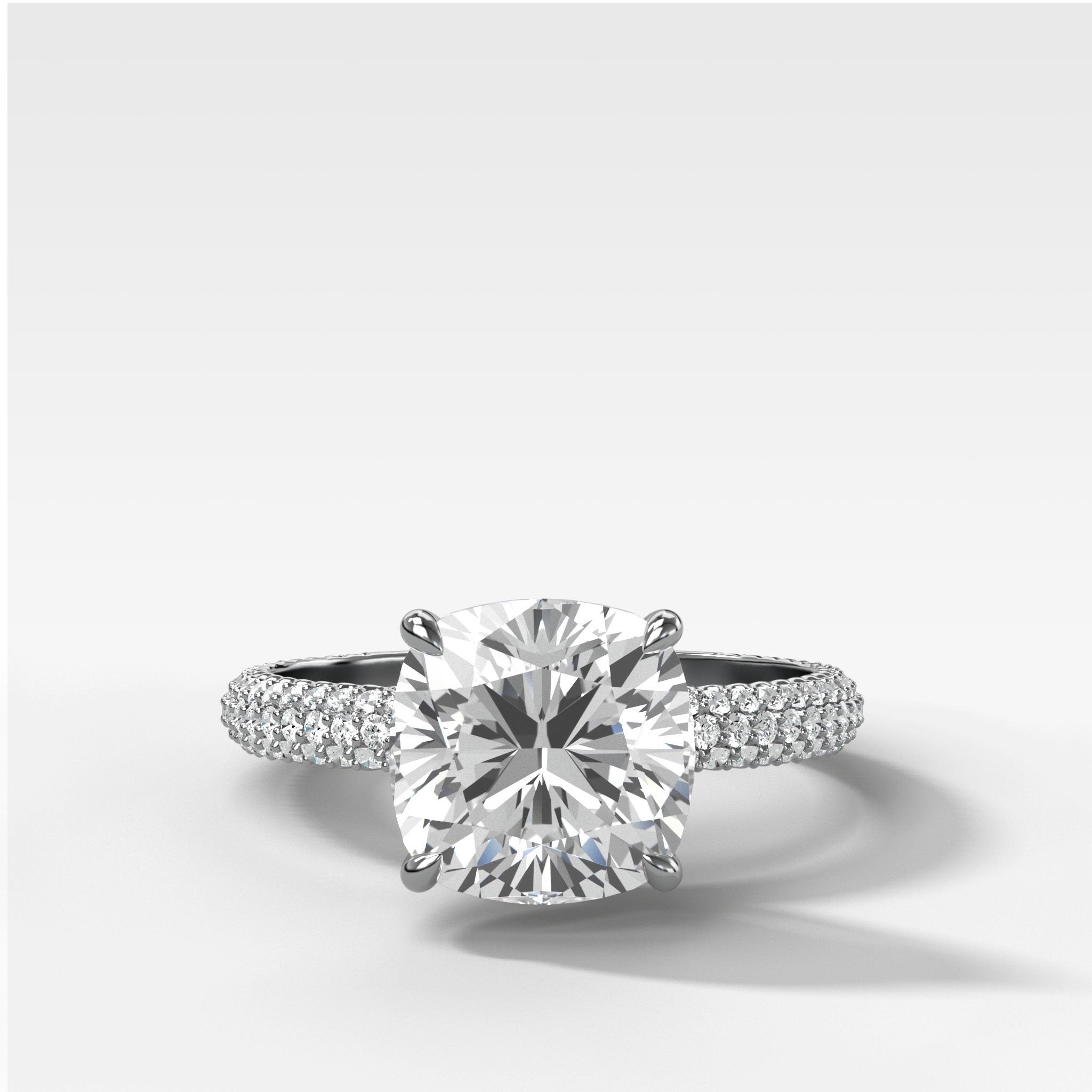 Triple Row Pavé Engagement Ring With Cushion Cut Diamond