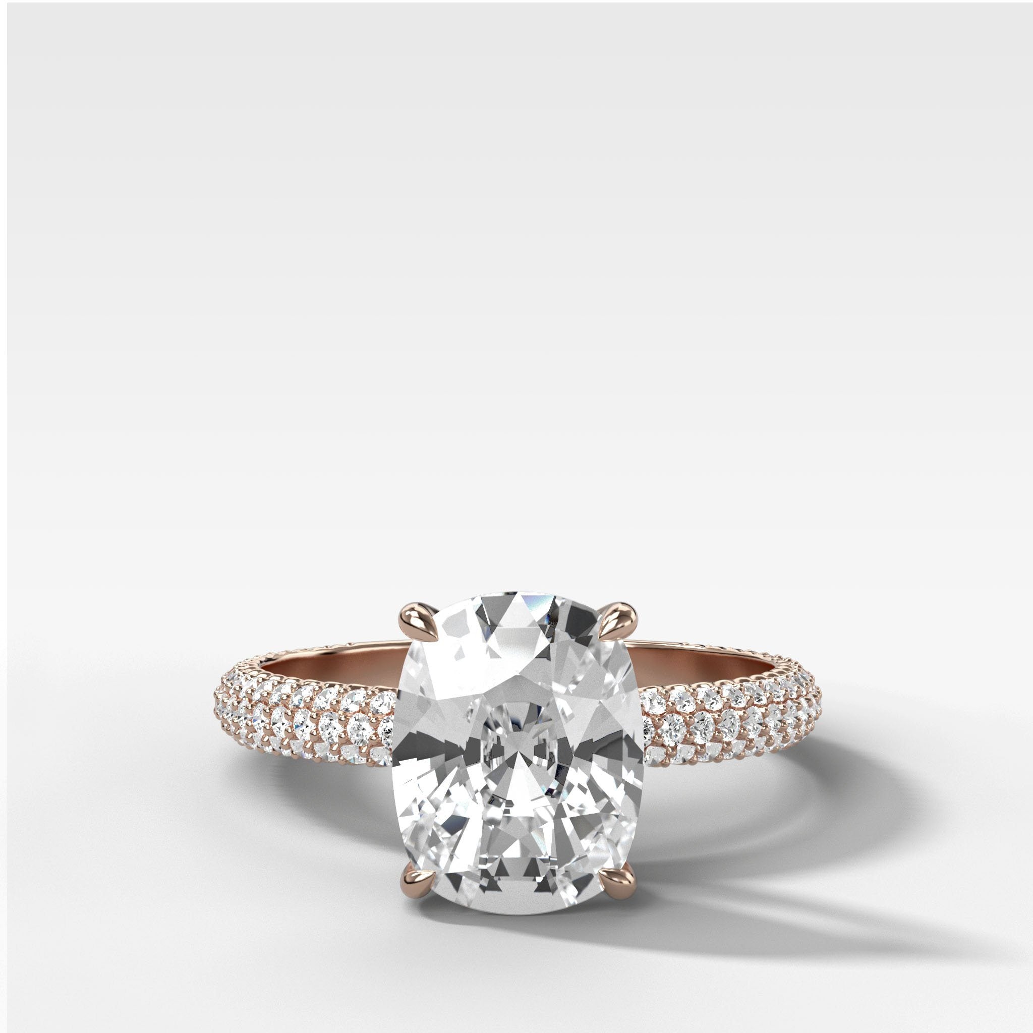 Triple Row Pavé Engagement Ring With Elongated Cushion Cut Diamond