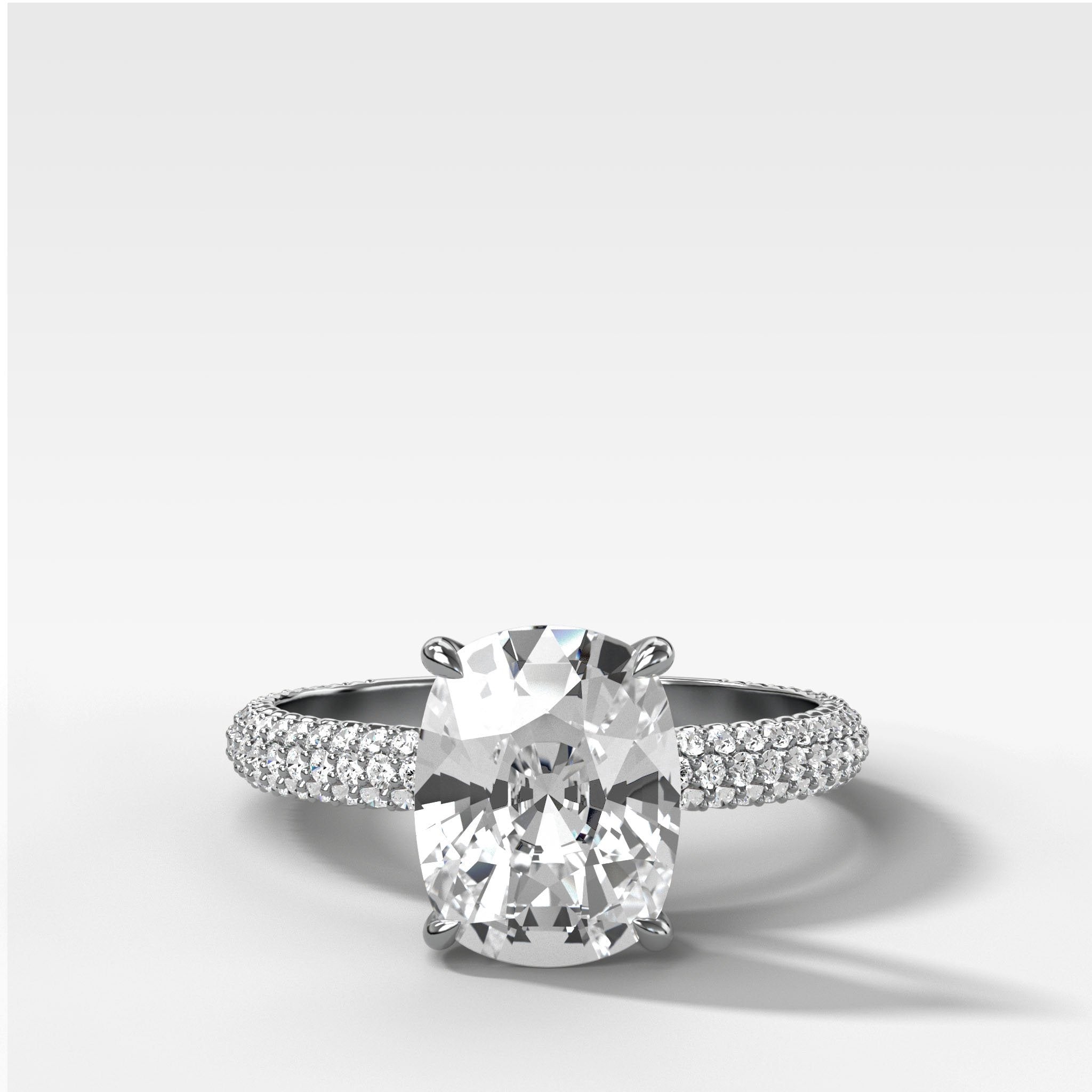 Triple Row Pavé Engagement Ring With Elongated Cushion Cut Diamond
