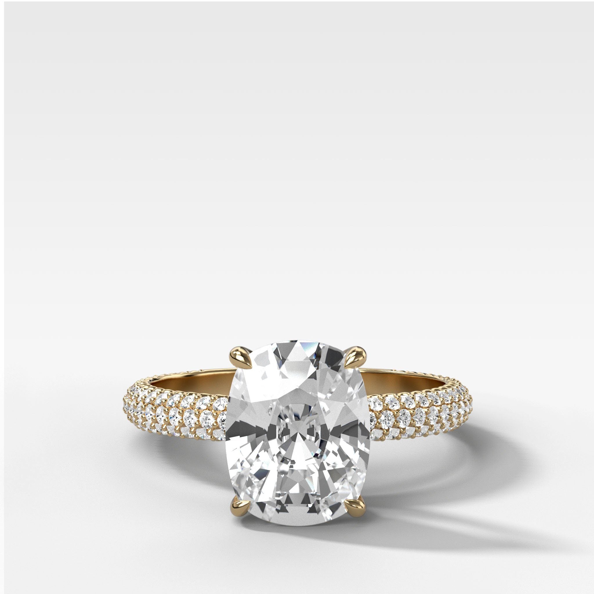 Triple Row Pavé Engagement Ring With Elongated Cushion Cut Diamond