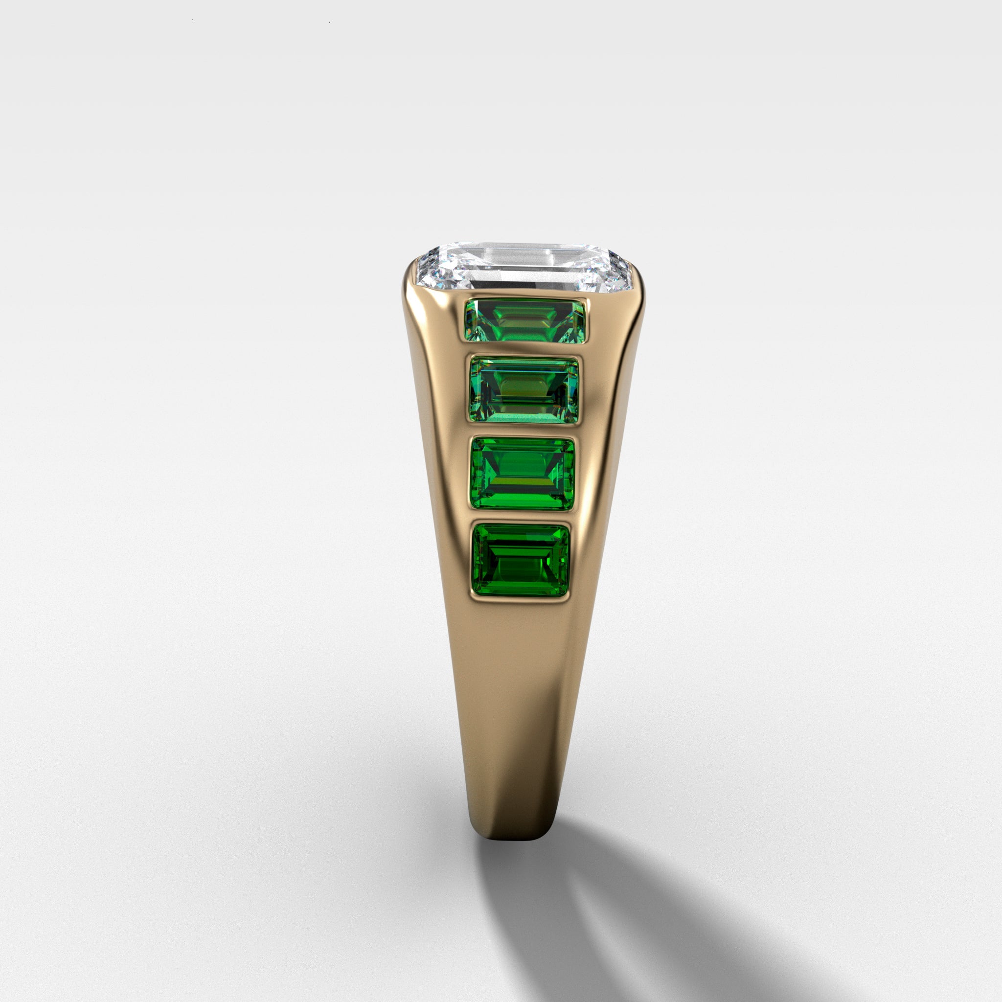 Brick Road Engagement Ring with Green Emeralds and an Emerald Cut