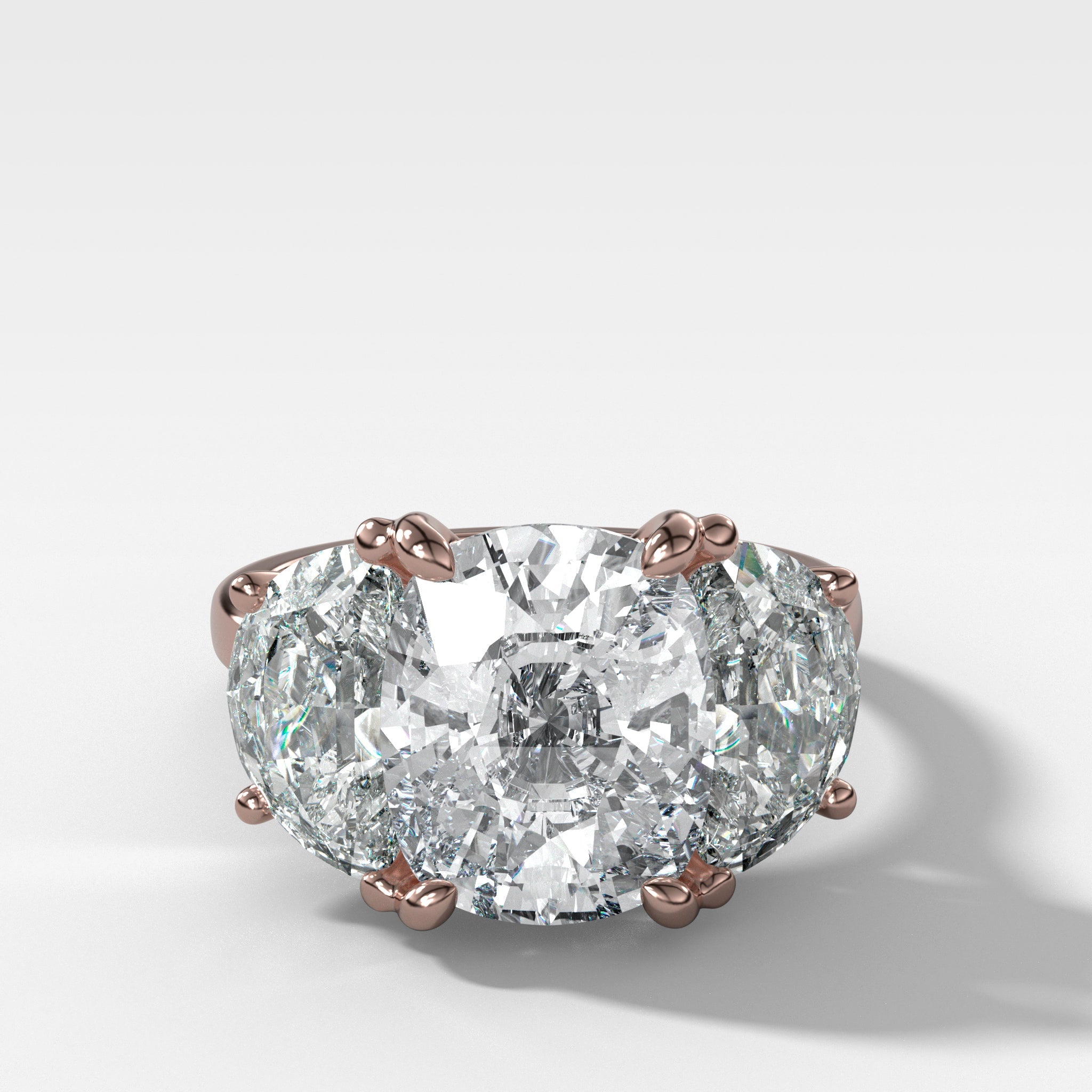 Jumbo Three Stone ring with Half Moon sides & an Elongated Cushion Cut