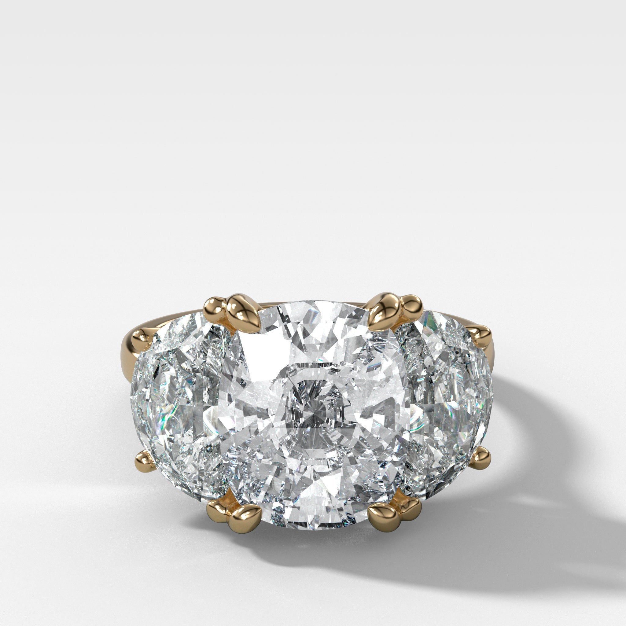 Jumbo Three Stone ring with Half Moon sides & an Elongated Cushion Cut