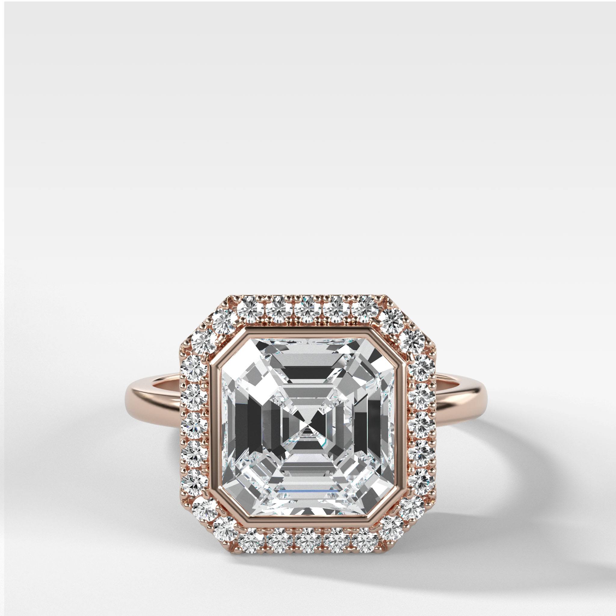 Bezel Set Halo Engagement Ring With Asscher Cut Diamond