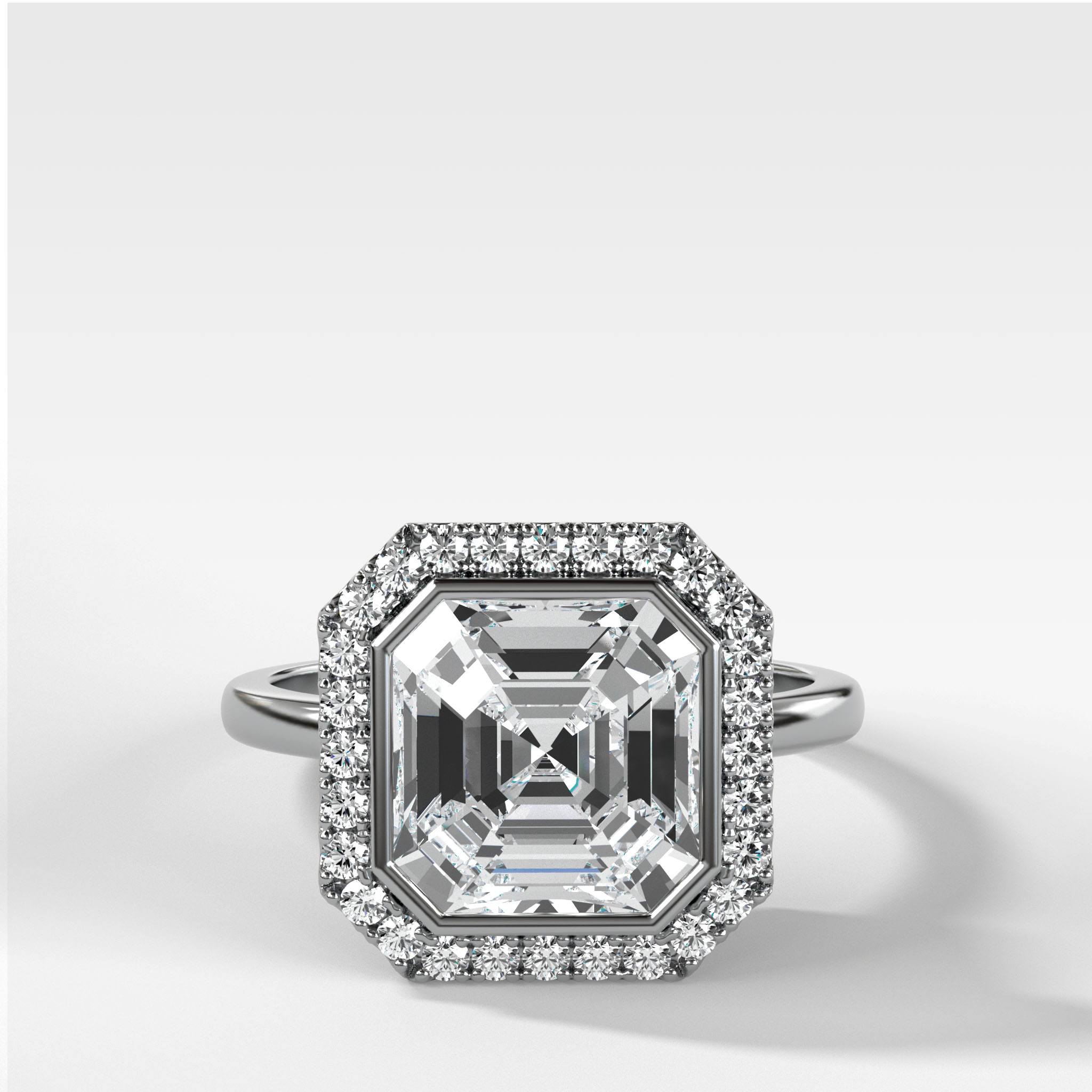 Bezel Set Halo Engagement Ring With Asscher Cut Diamond