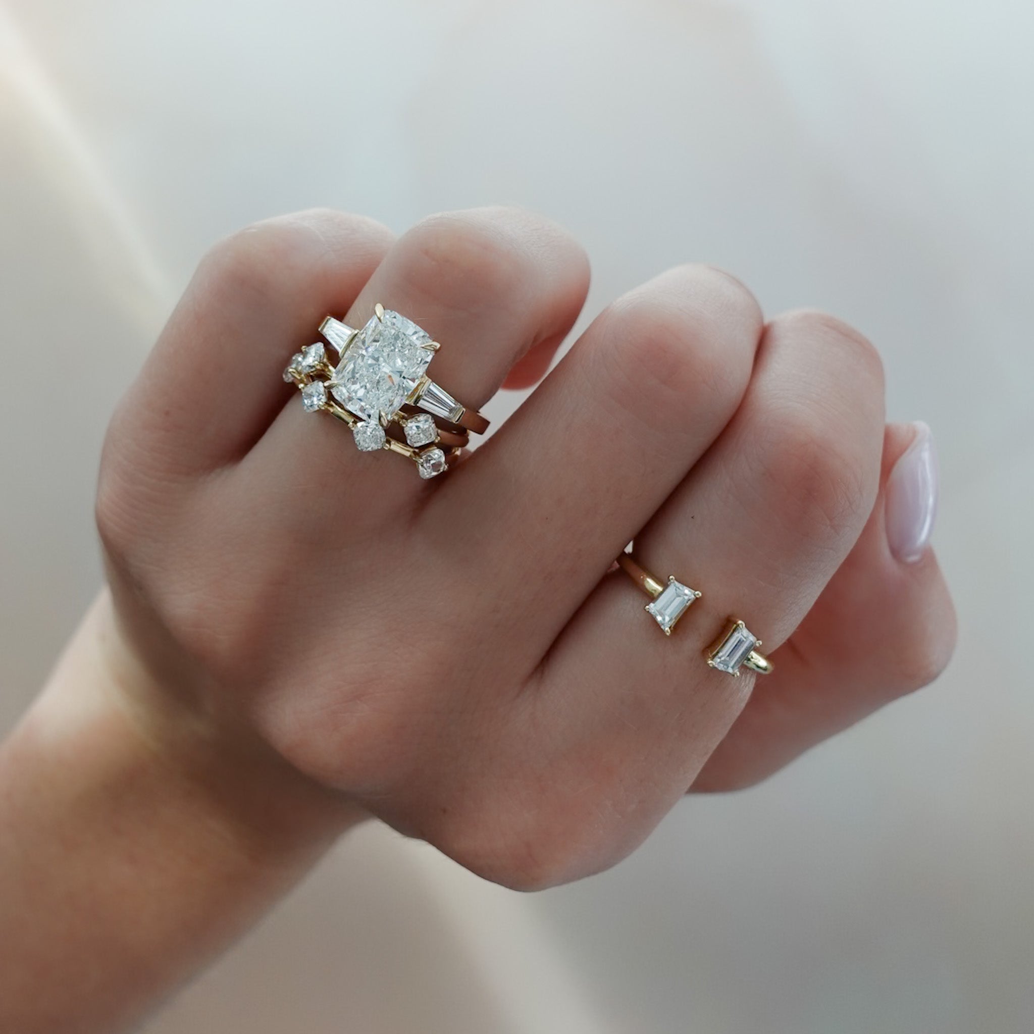 Translunar Tapered Baguette Engagement Ring With Elongated Cushion Cut Diamond