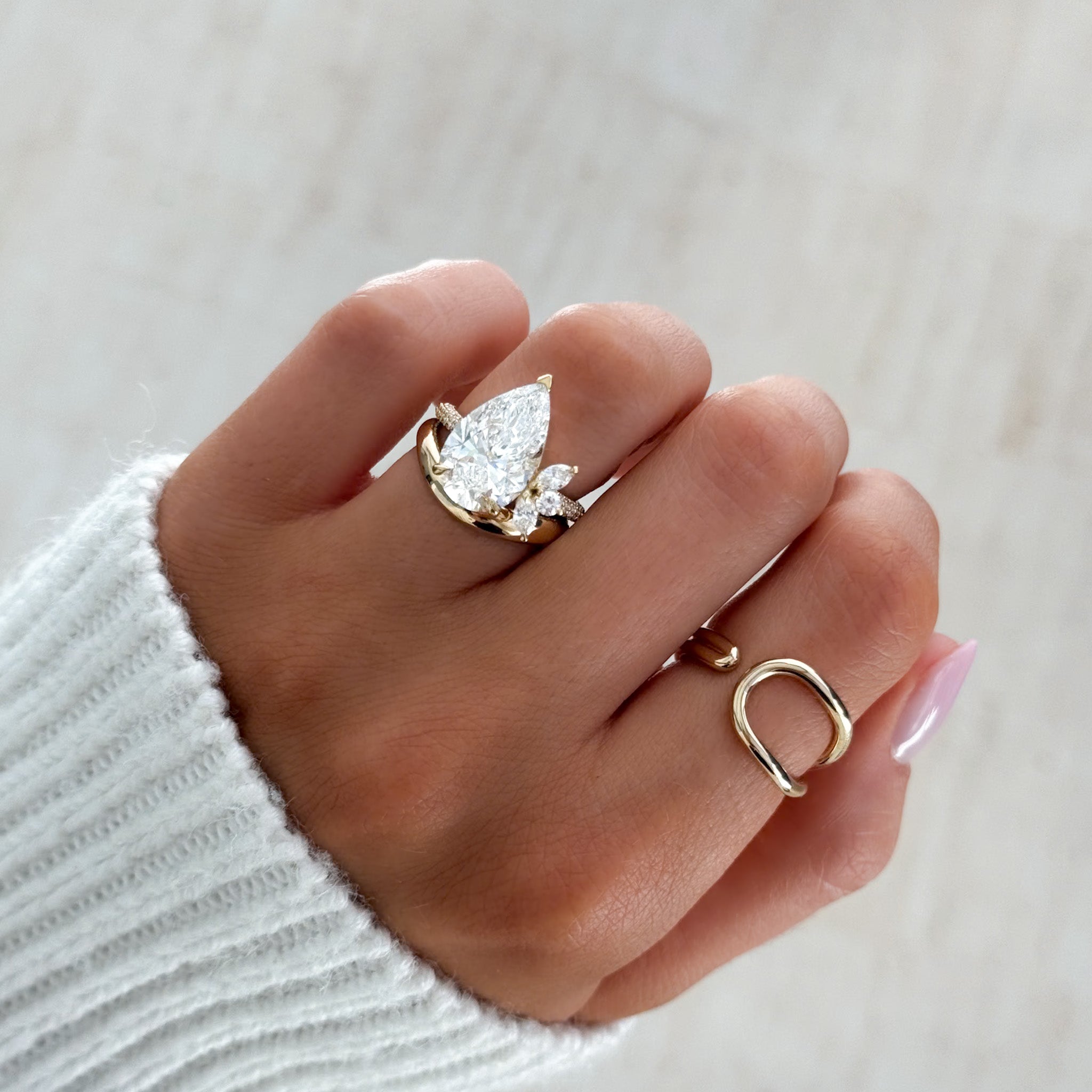 Lotus Triple Row Pavé Engagement Ring With Pear Cut Diamond