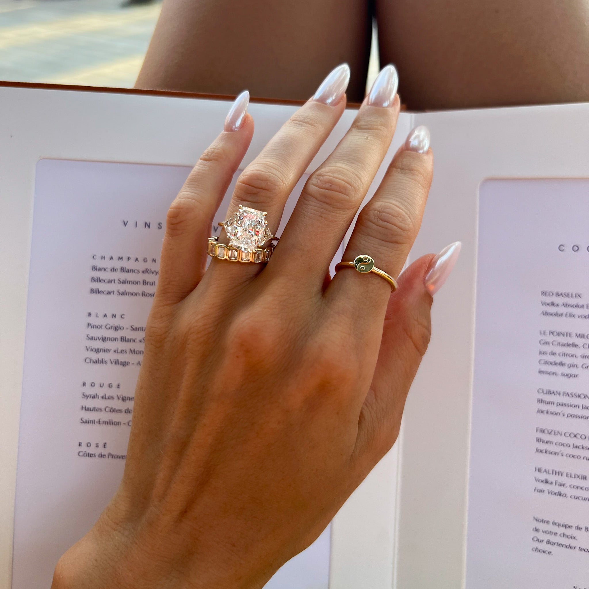 Three Stone Engagement Ring with Shield Side Stones and a Radiant cut Diamond