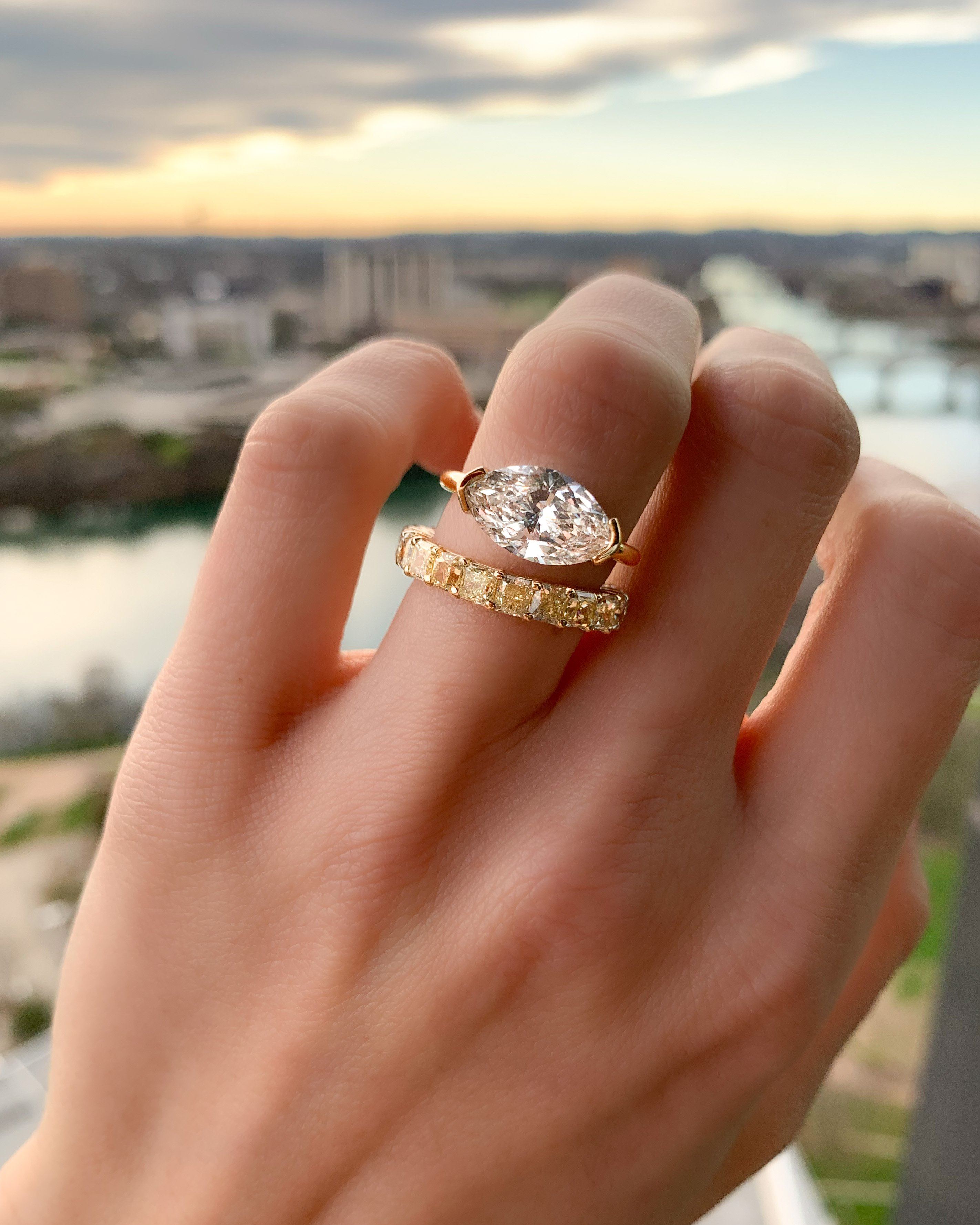 East West Half Bezel Solitaire Engagement Ring With Marquise Cut Diamond