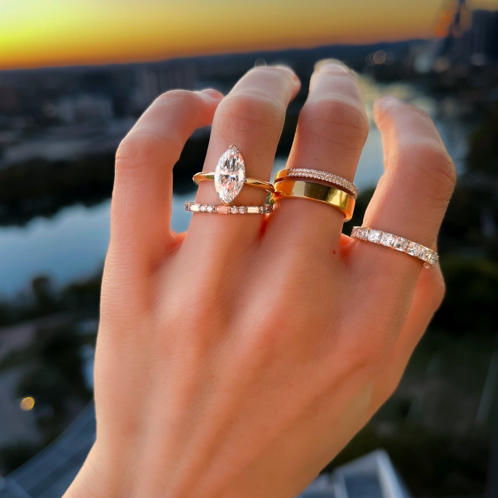 North South Half Bezel Solitaire Engagement Ring With Marquise Cut Diamond