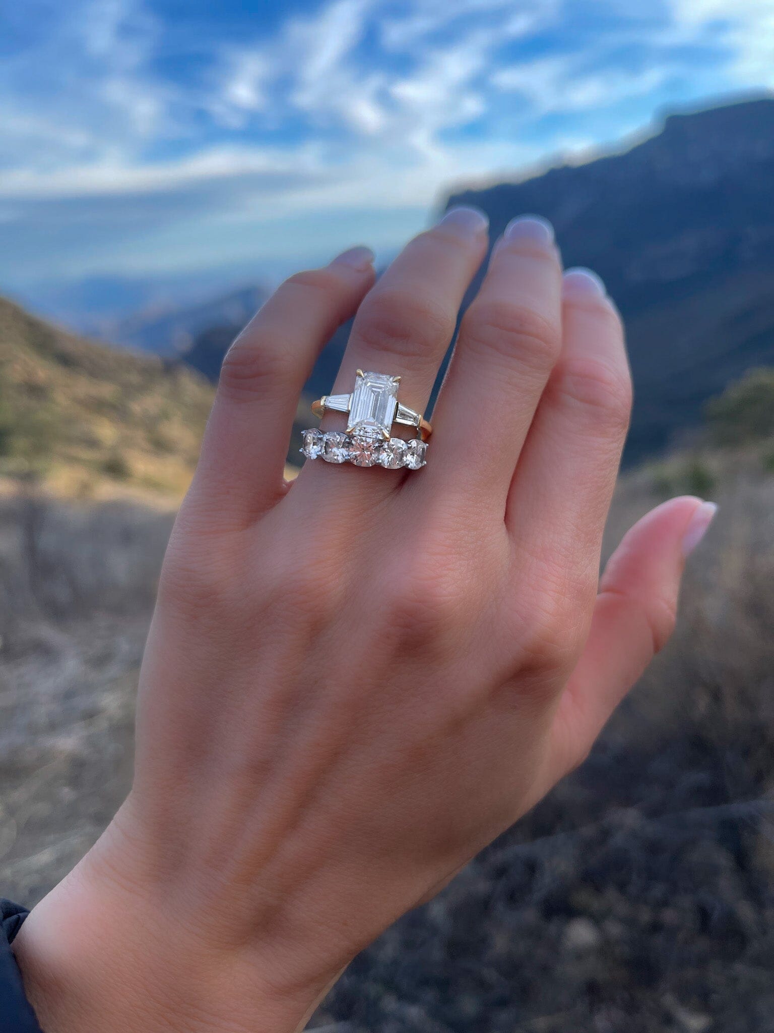 Translunar Tapered Baguette Engagement Ring With North South Emerald Cut Diamond