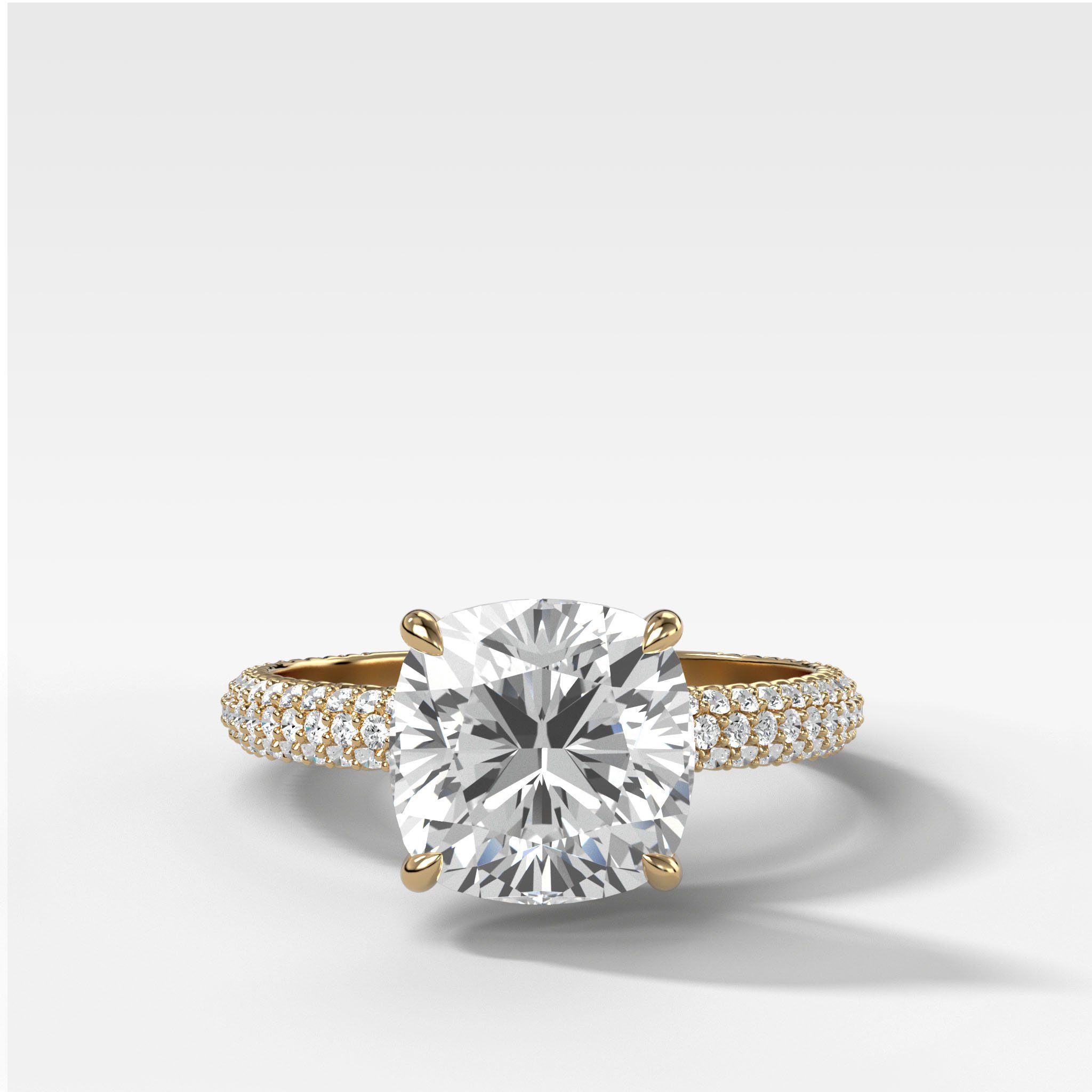 Triple Row Pavé Engagement Ring With Cushion Cut Diamond