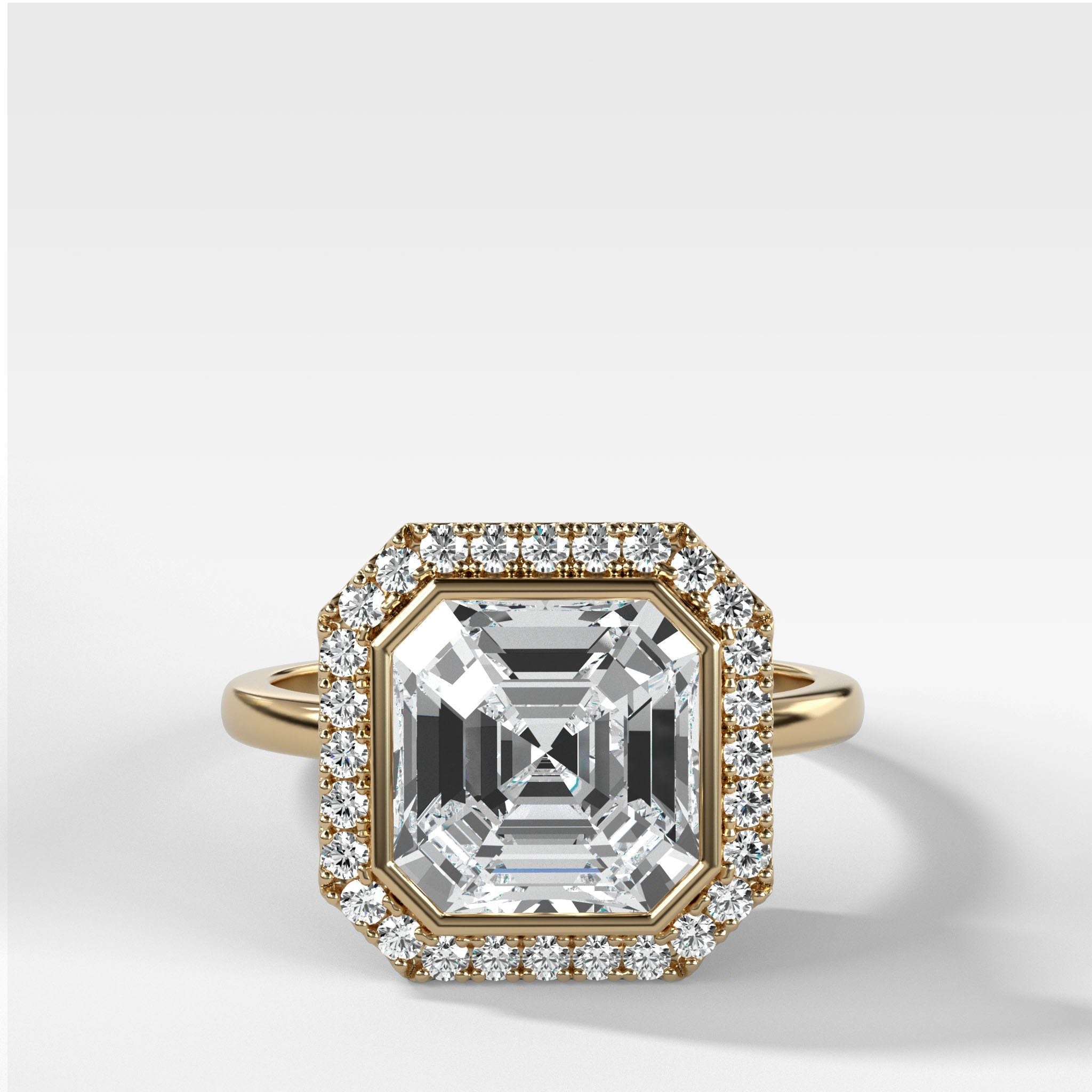 Bezel Set Halo Engagement Ring With Asscher Cut Diamond